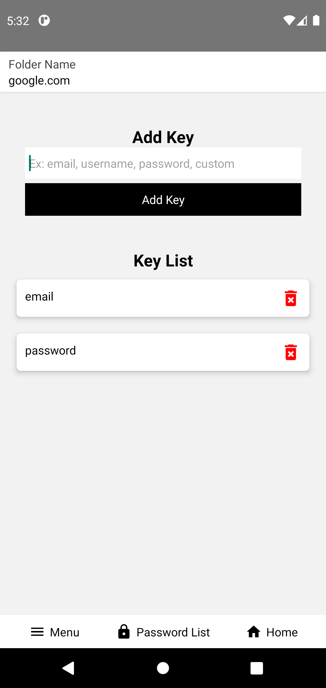 Password Key List